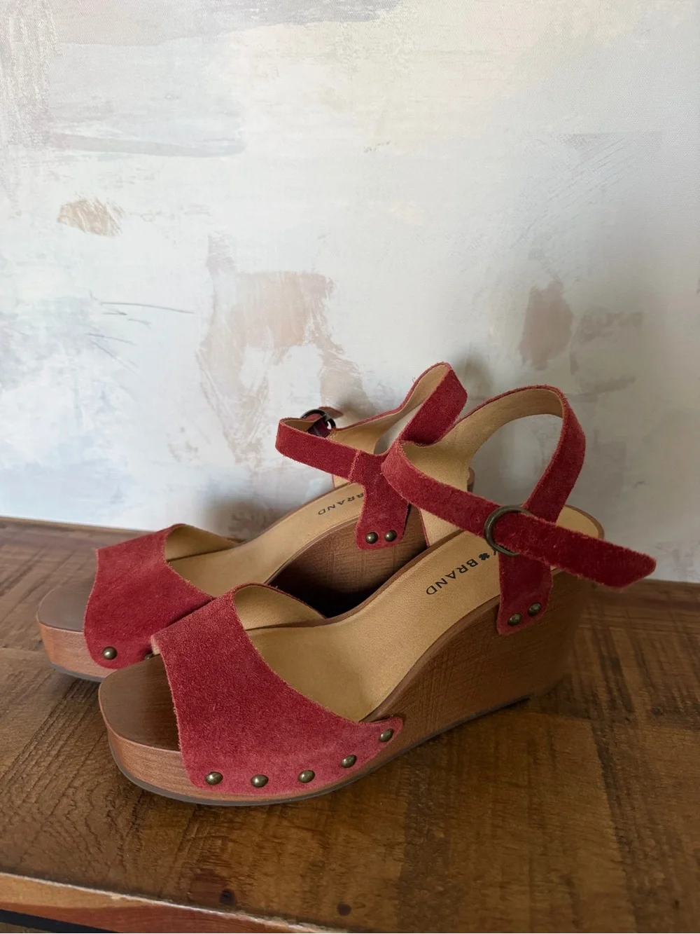Lucky Brand Red Suede Platform Wedge Sandals Size 7M